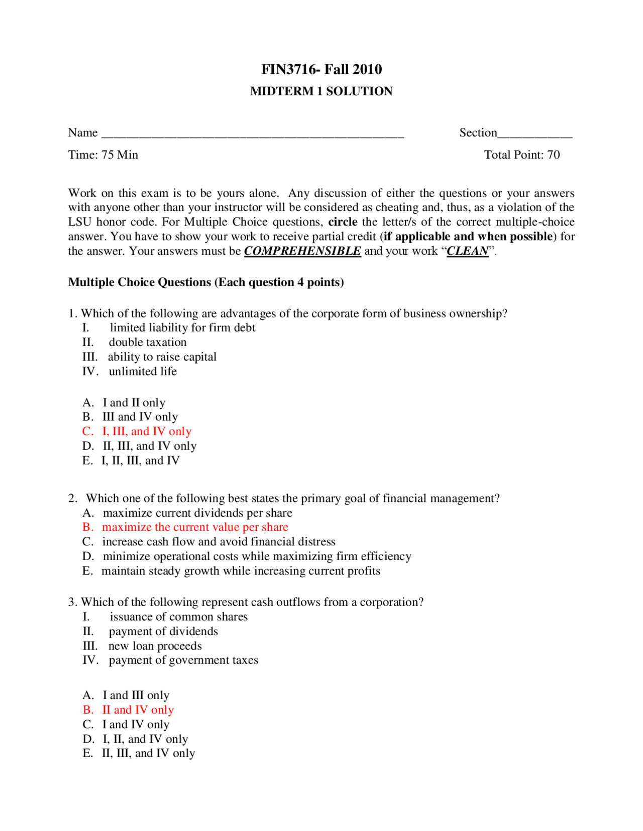 Midterm Exam 1 Solutions for Financial Management | FIN 3716 - Docsity
