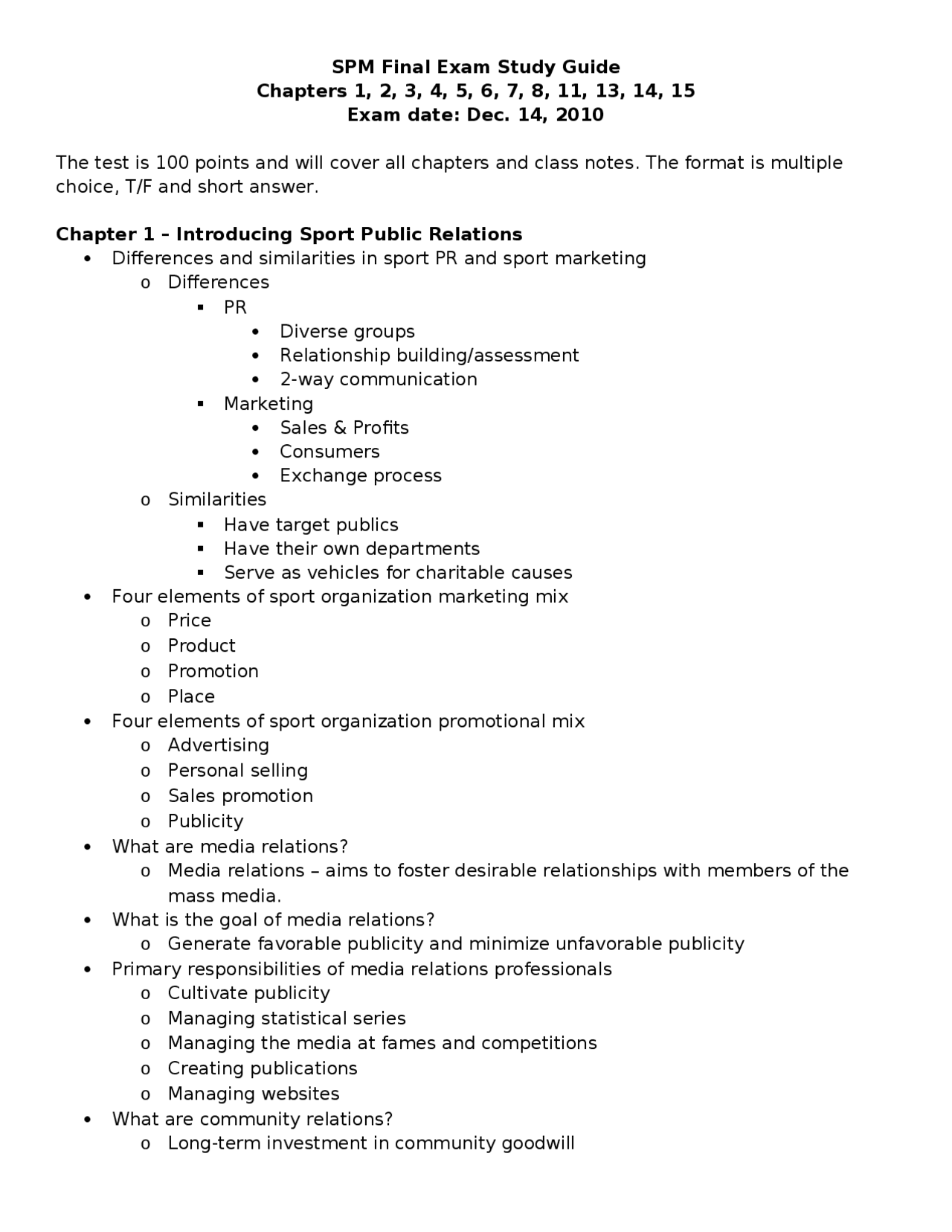 Study Guide for Introducing Sports Public Relations SPM 3783 Docsity
