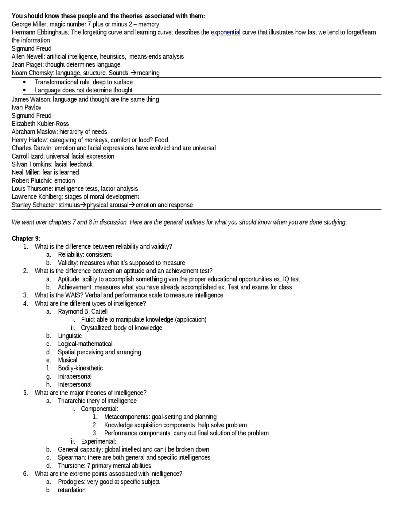 Exam 2 Review sheet - Introduction to Phycology | PSYC 100 - Docsity