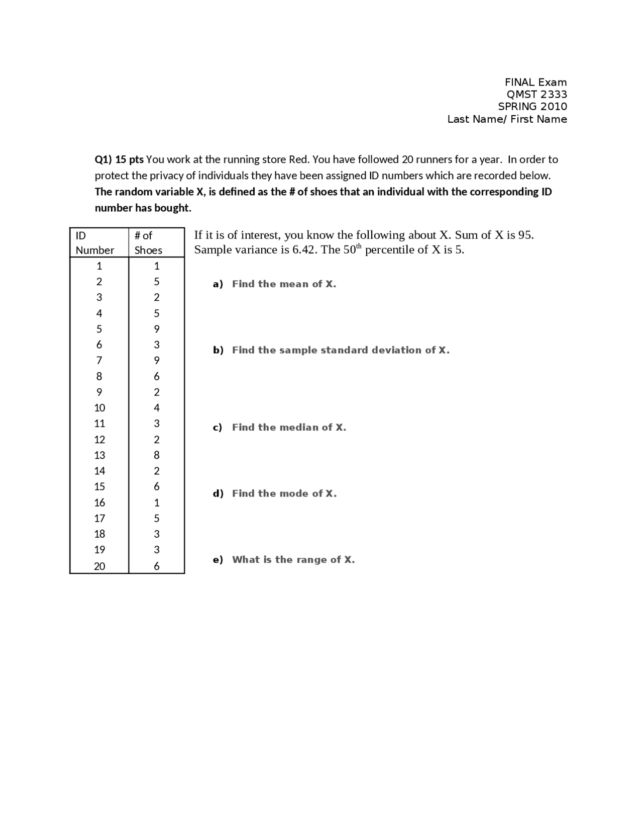 5 Questions on Sample Variance - Final Examination | QMST 2333 | Exams ...