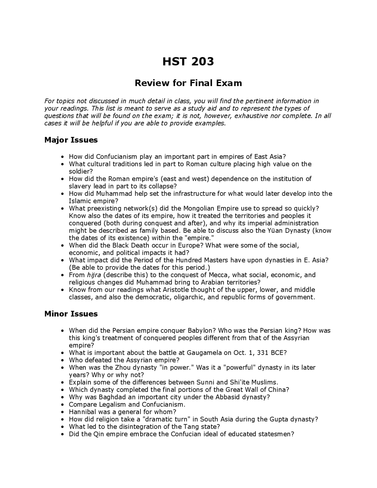 Review for Final Exam - SWS World History to 1500 A.D. | HST 203 ...
