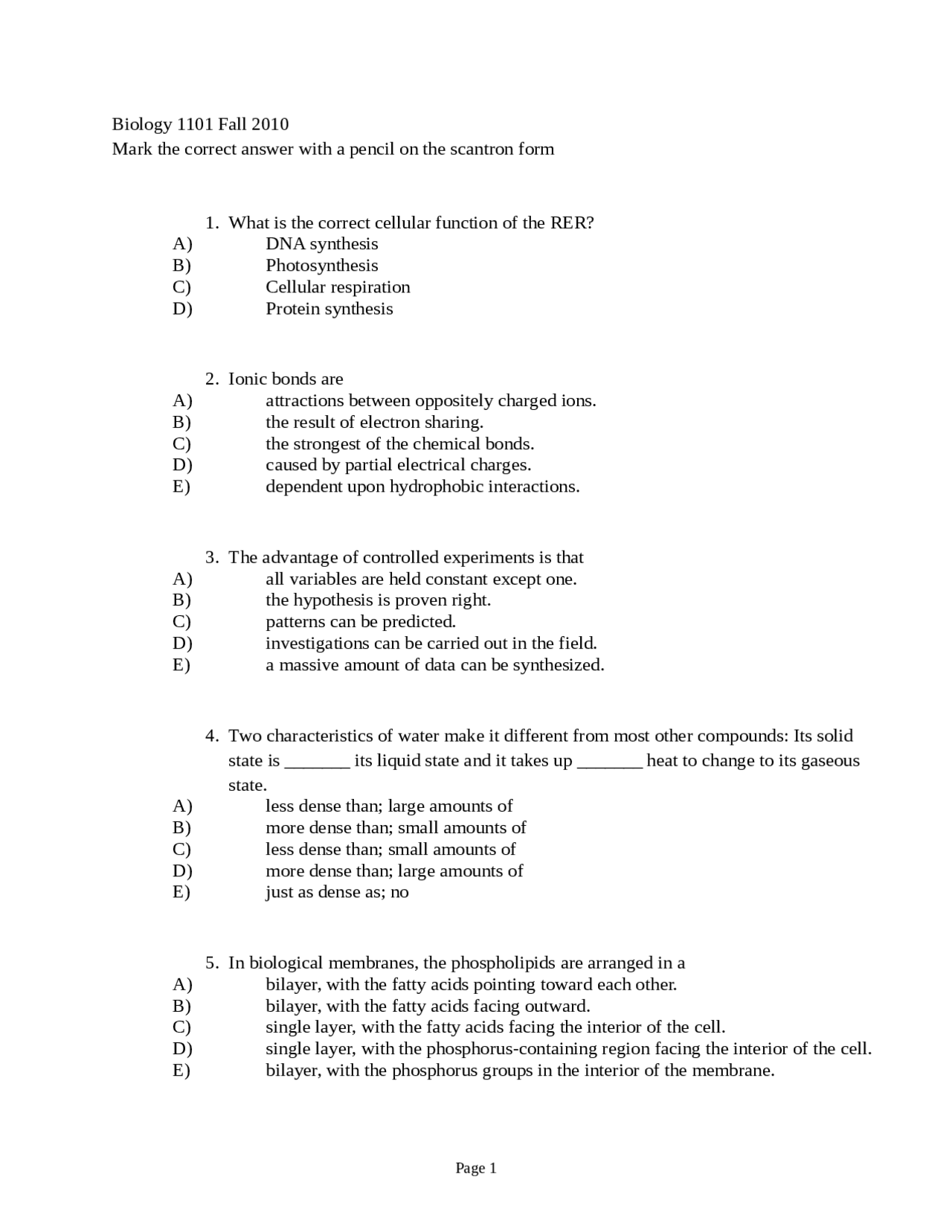 Exam I Practice Problems on Biology I | BIOL 101 - Docsity