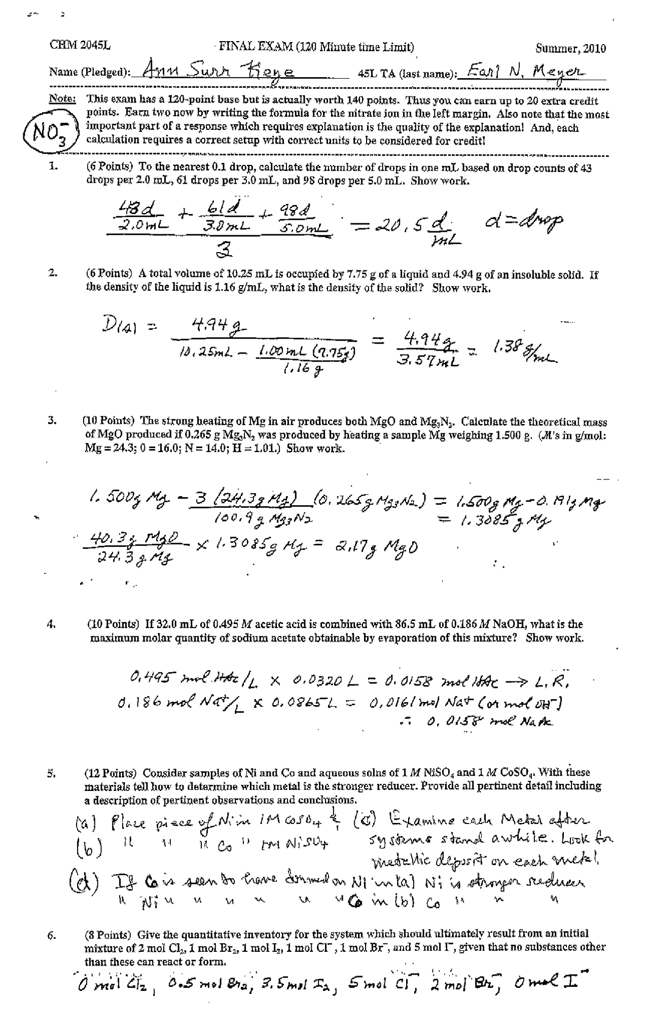 Final Exam Solutions General Chemistry Lab CHM 2045L Docsity