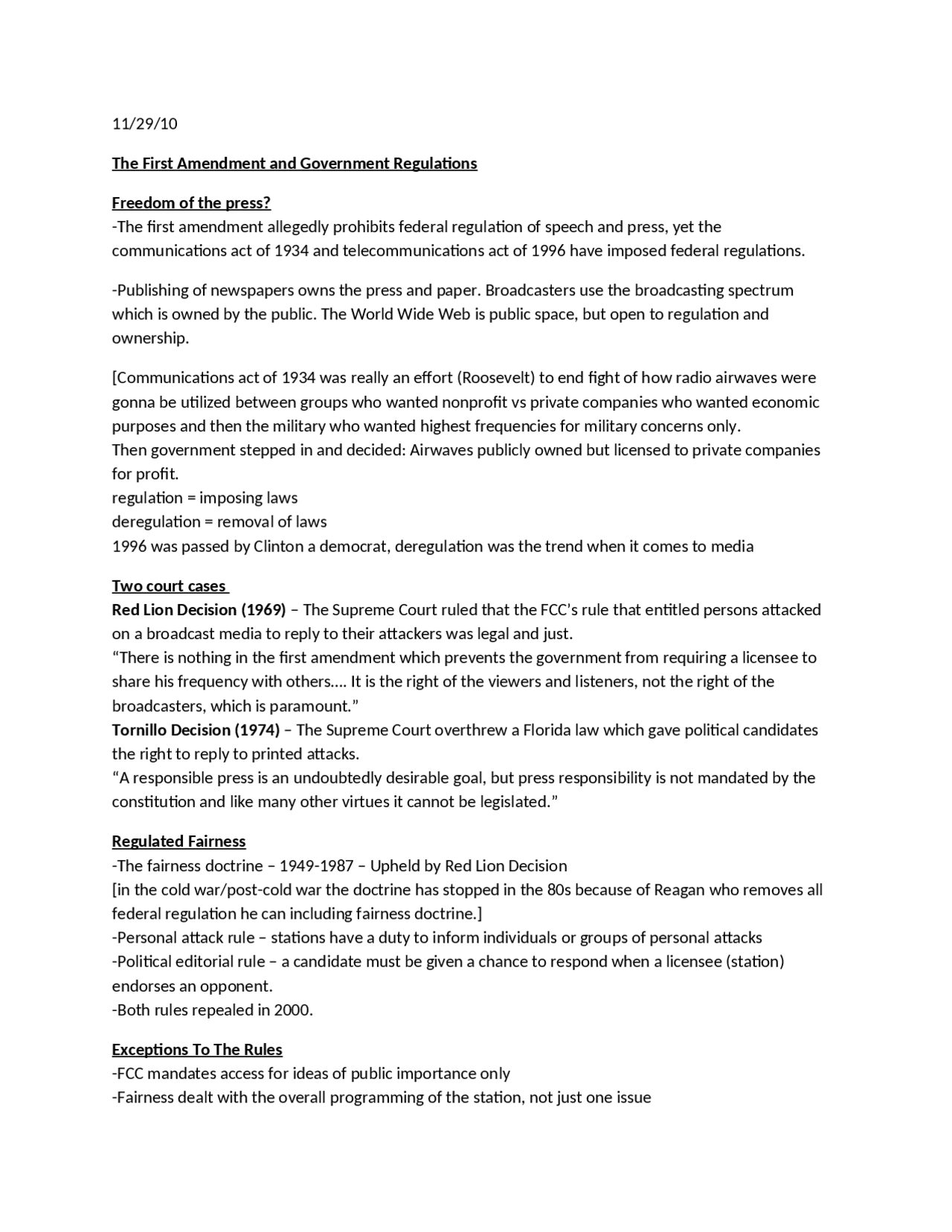 Notes on The First Amendment and Government Regulations | 189 102 - Docsity