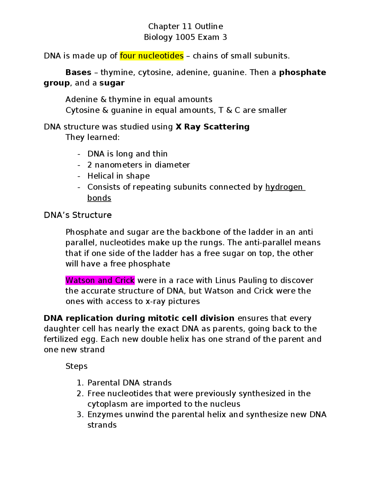 Biology 1005 Exam 3: DNA Structure and Replication - Prof. Roger F ...