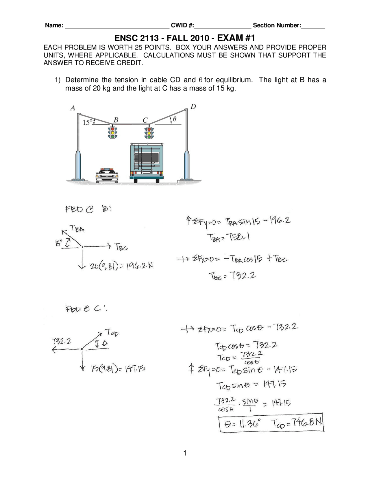 Practice Solved Questions for Exam 1 - Statics | ENSC 2113 - Docsity