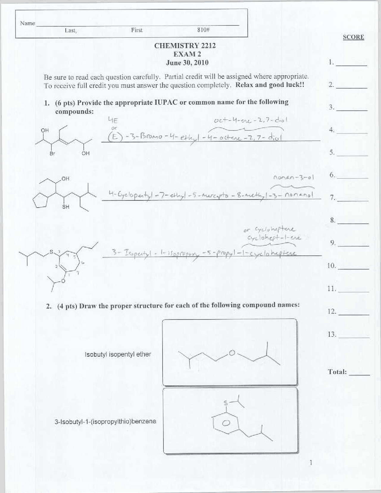 Modern Organic Chemistry II - Solved Exam 2 | CHEM 2212 - Docsity