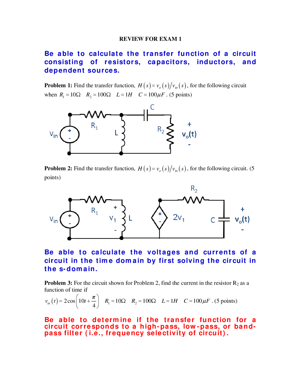 Solved Problems on Transfer Functions of Resistant Circuit - Exam 1 | E ...