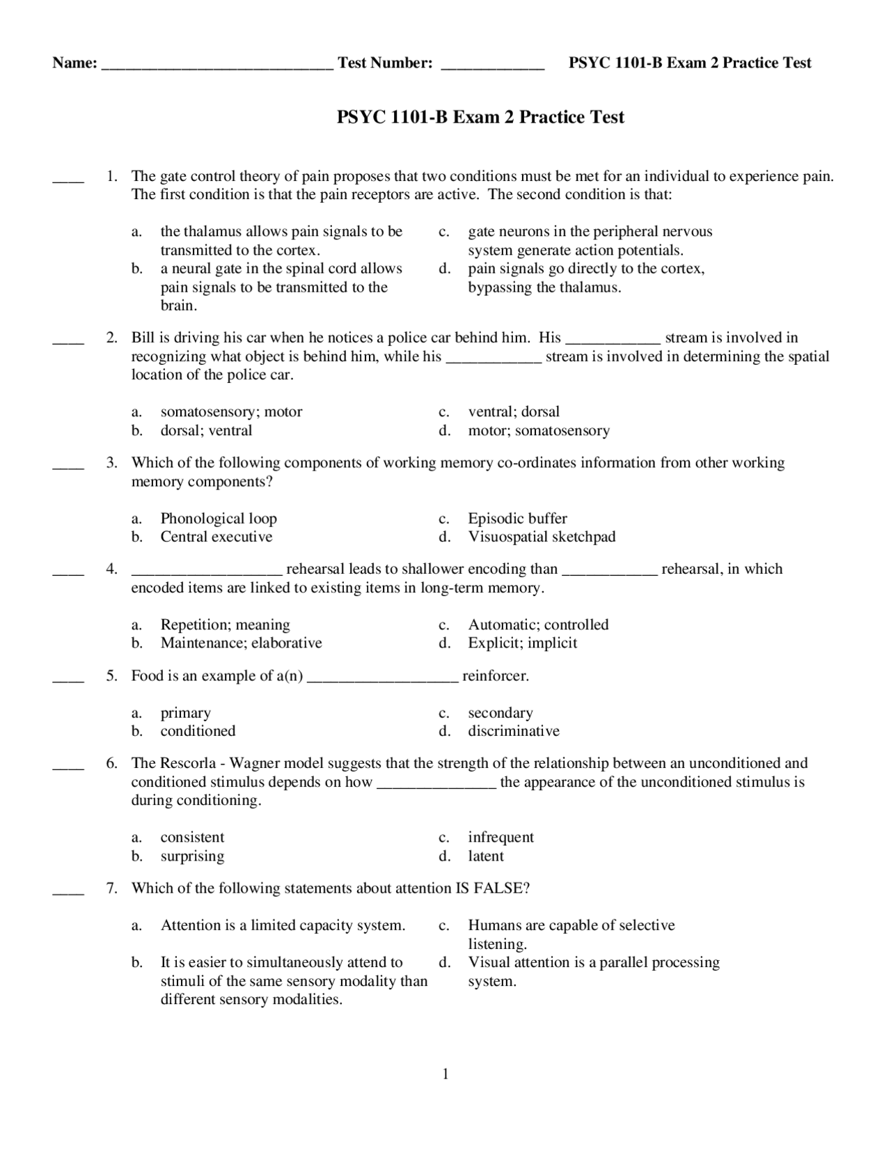 Exam 2 Practice Test on General Psychology | PSYC 1101 - Docsity