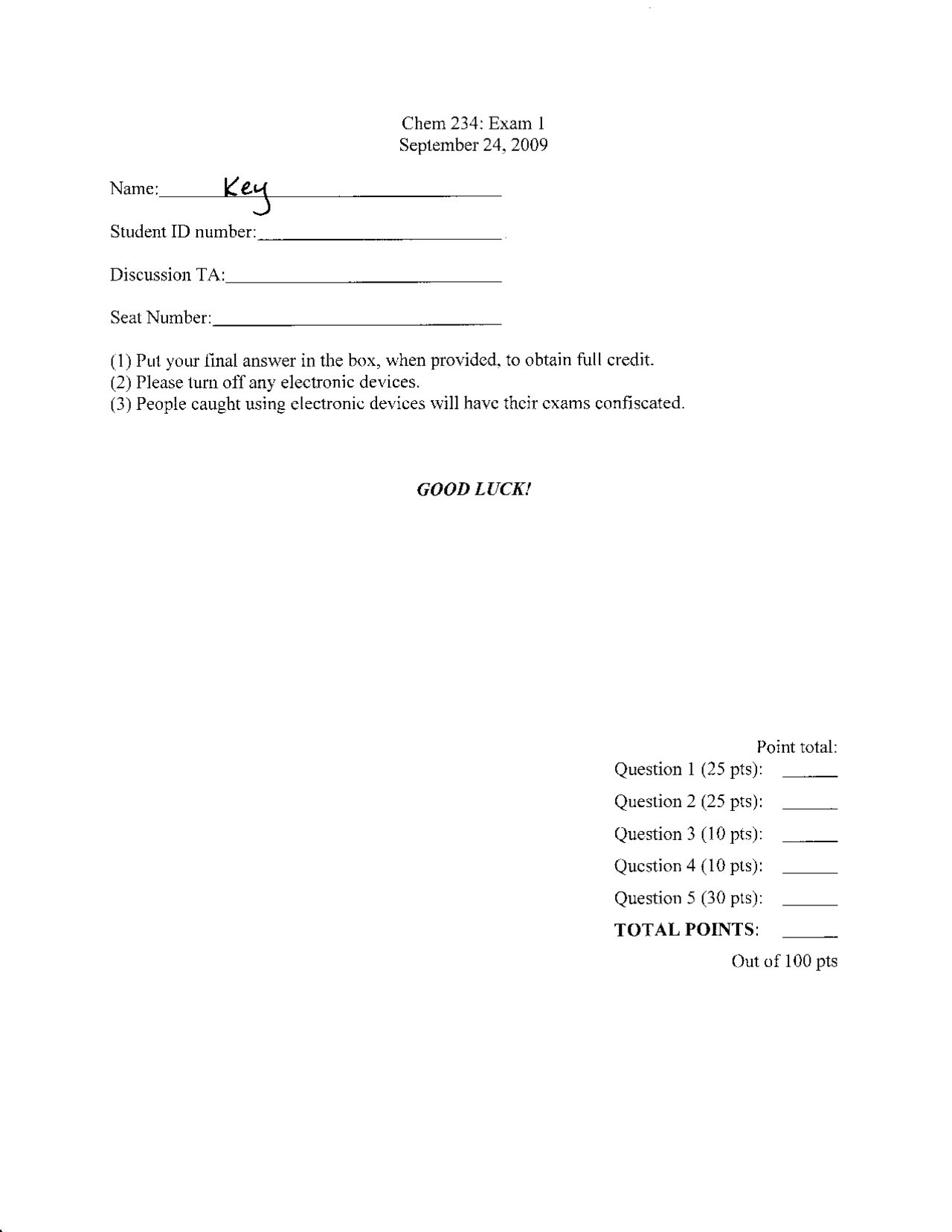 Organic Chemistry II - Solved Exam 1 | CHEM 234 - Docsity