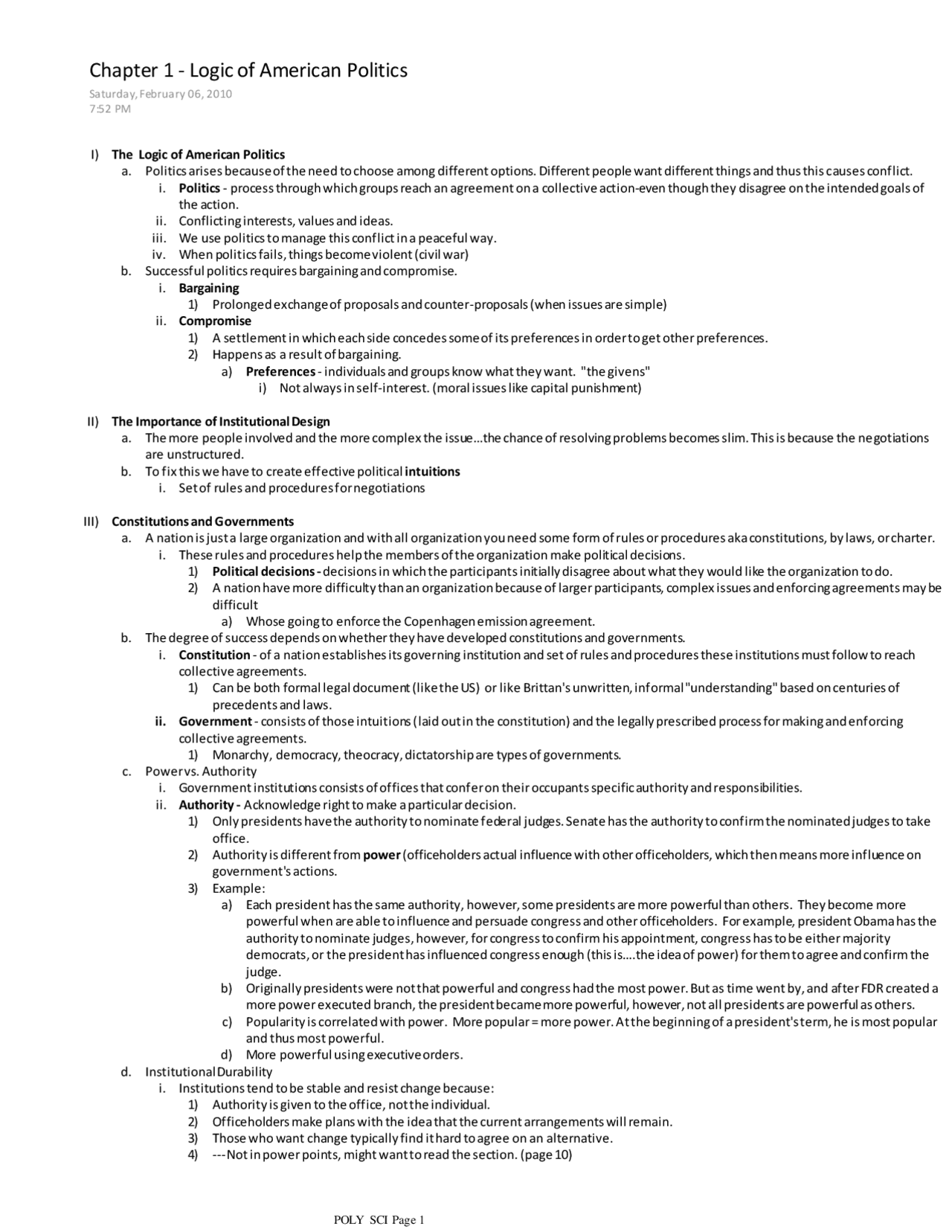 The Logic of the American Politics - Examination 1 | POLS 1101 | Exams ...