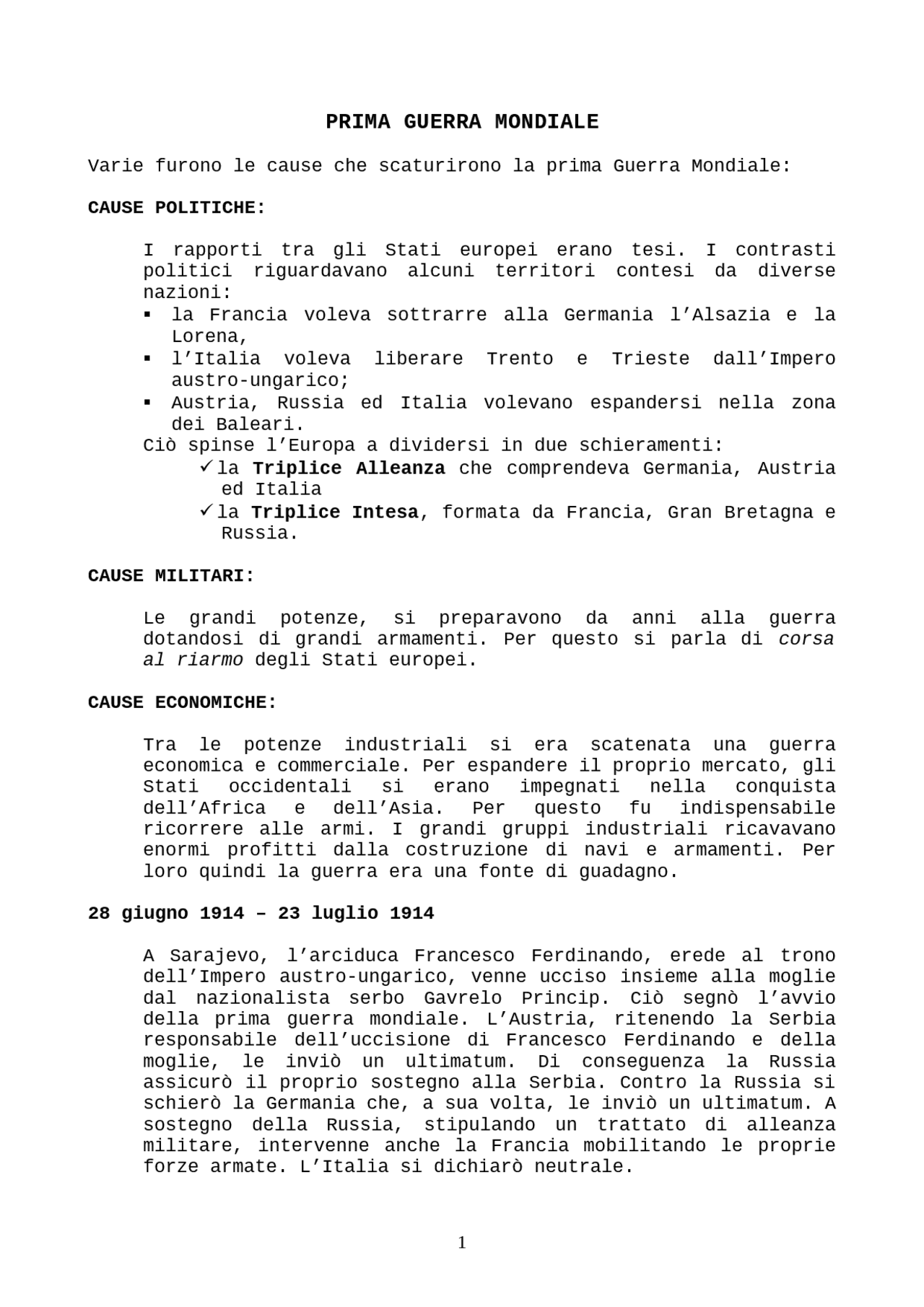 PRIMA GUERRA MONDIALE | Schemi e mappe concettuali di Storia | Docsity