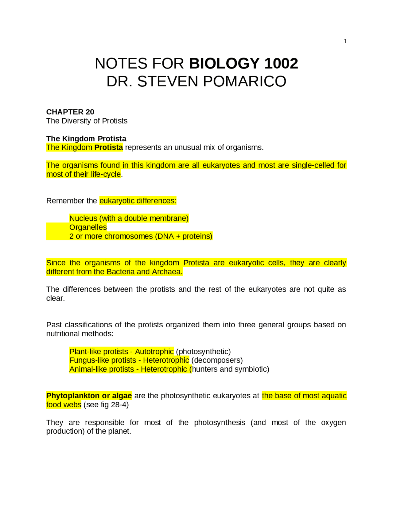 Lecture Notes on Diversity of Protists | BIOL 1002 | Study notes ...