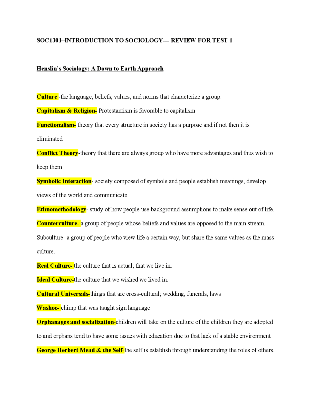 Introduction to Sociology: Honors First-Year Experience - Exam 1 | SOC 1301 - Docsity