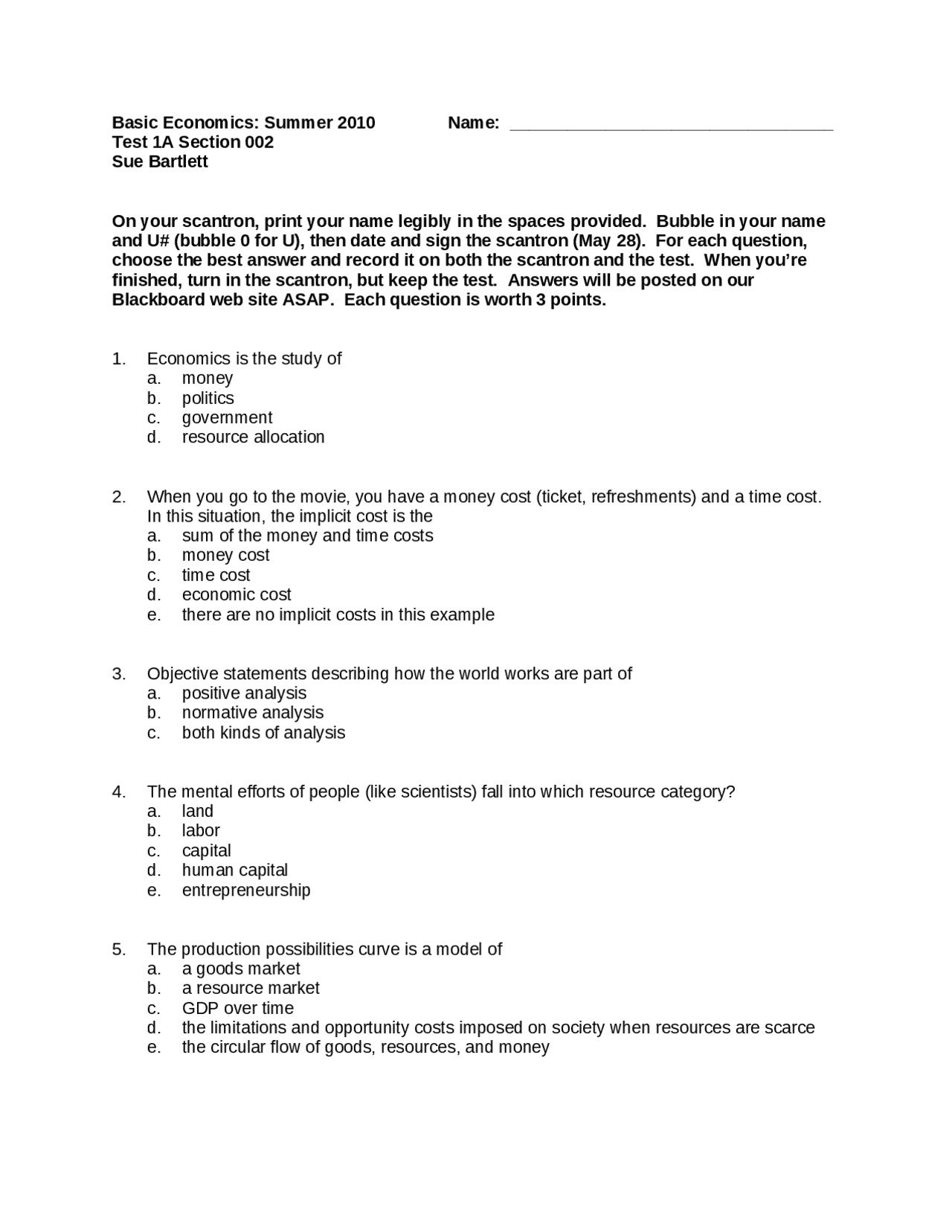 35 Questions on Basic Economics - Test 1 A | ECO 1000 | Exams ...