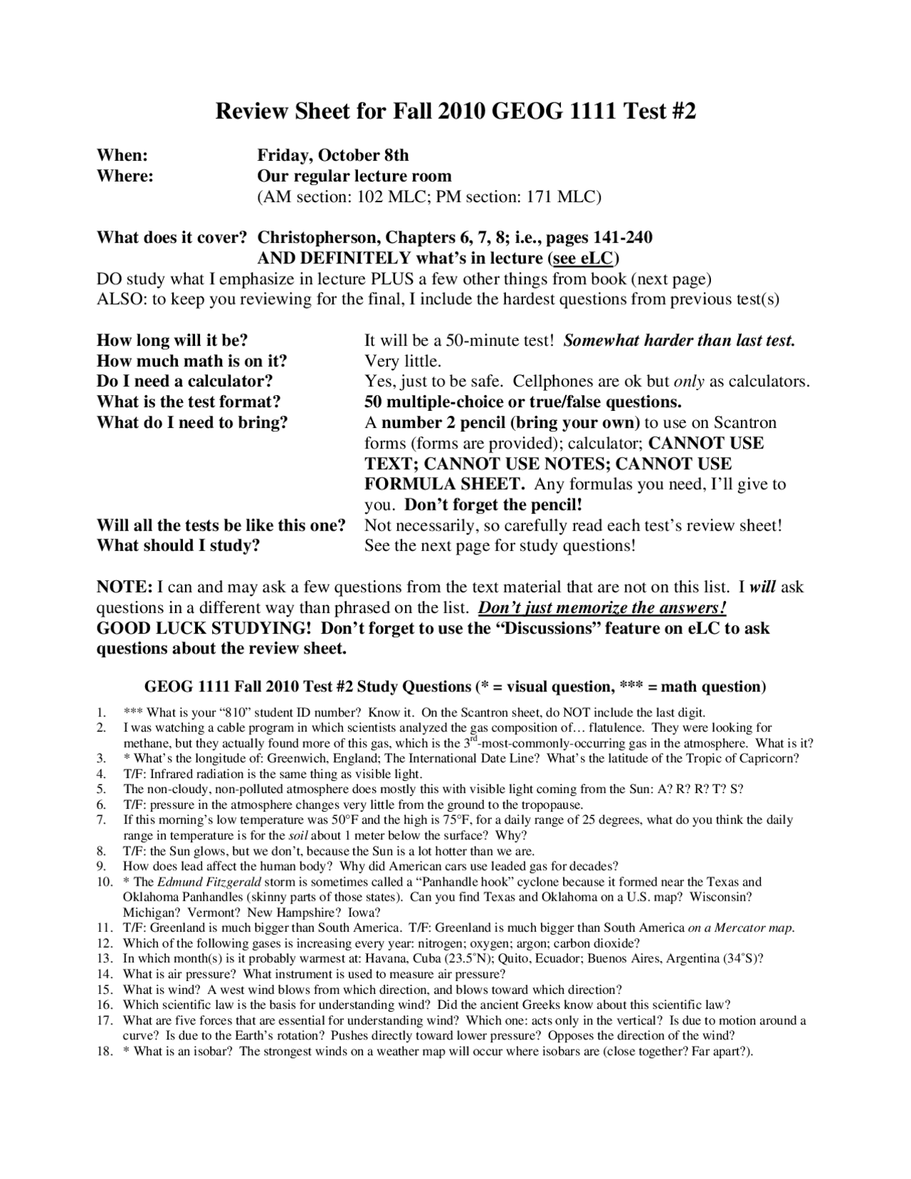 Review Sheet for Fall 2010 Geology Exam 2 | GEOG 1111 | Study notes ...