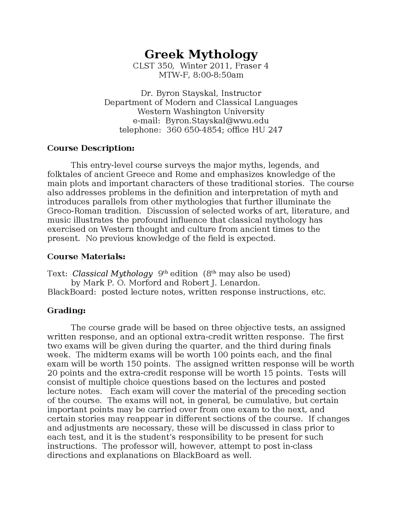 Greek Mythology Syllabus Fall 2011 CLST 350 Docsity