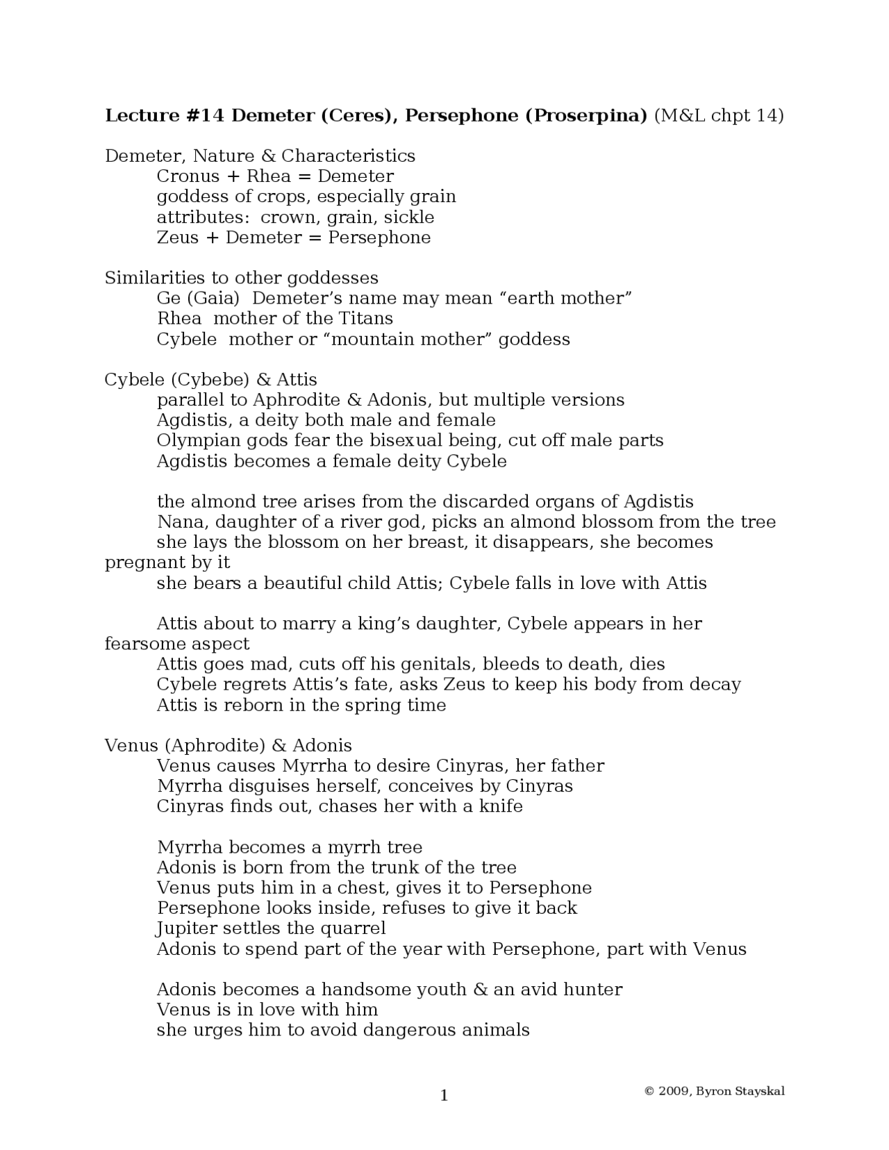 Notes on Demeter, Persephone - Greek Mythology | CLST 350 - Docsity
