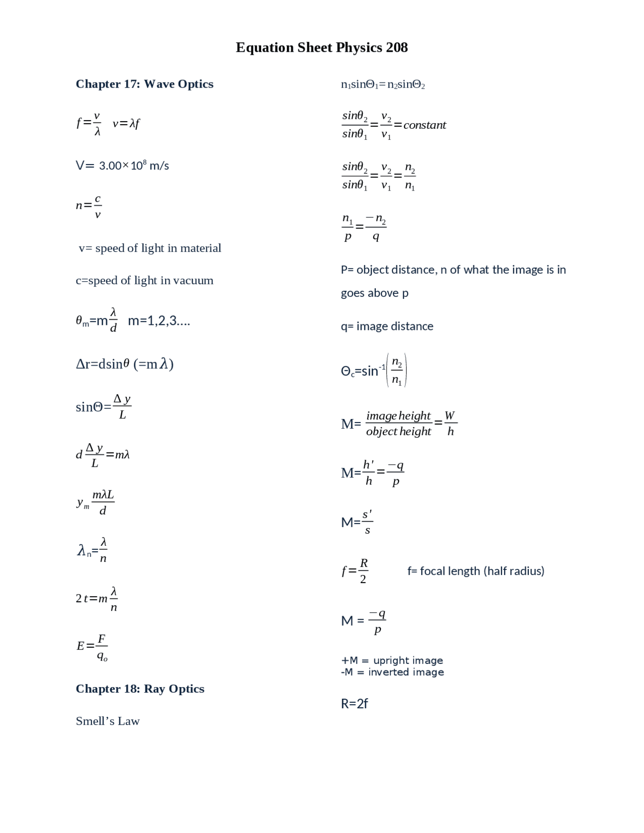 Way Optics and Ray Optics in Physics II - Equations Sheet | PHYS 208 ...