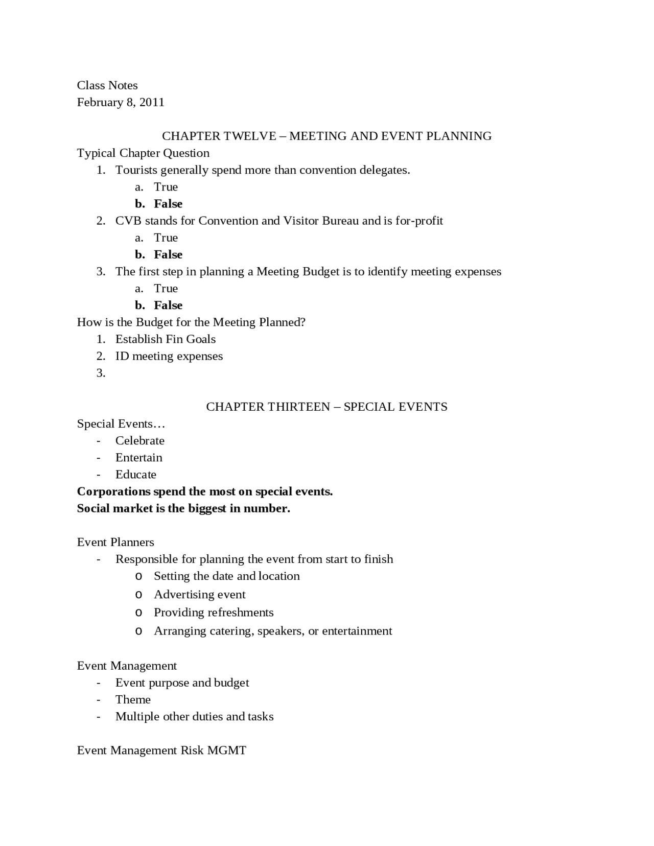Meeting and Event Planning, Special Events - Notes | HRT 101 - Docsity