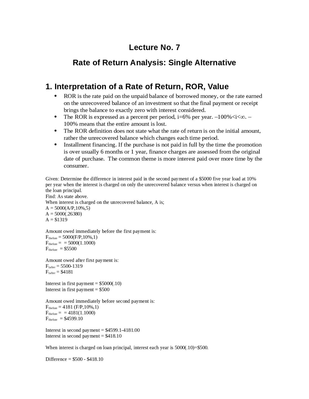 Note On Note Return Model Rate of Return Analysis: Single Alternative - Notes | CE 301 | Study ...