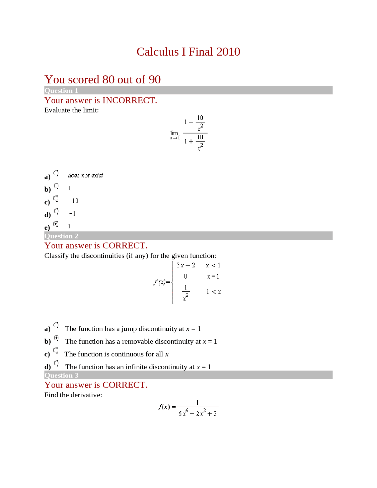 Calculus I Math Questions 20 Questions on Calculus I with Solutions - Final Examination | MATH ...