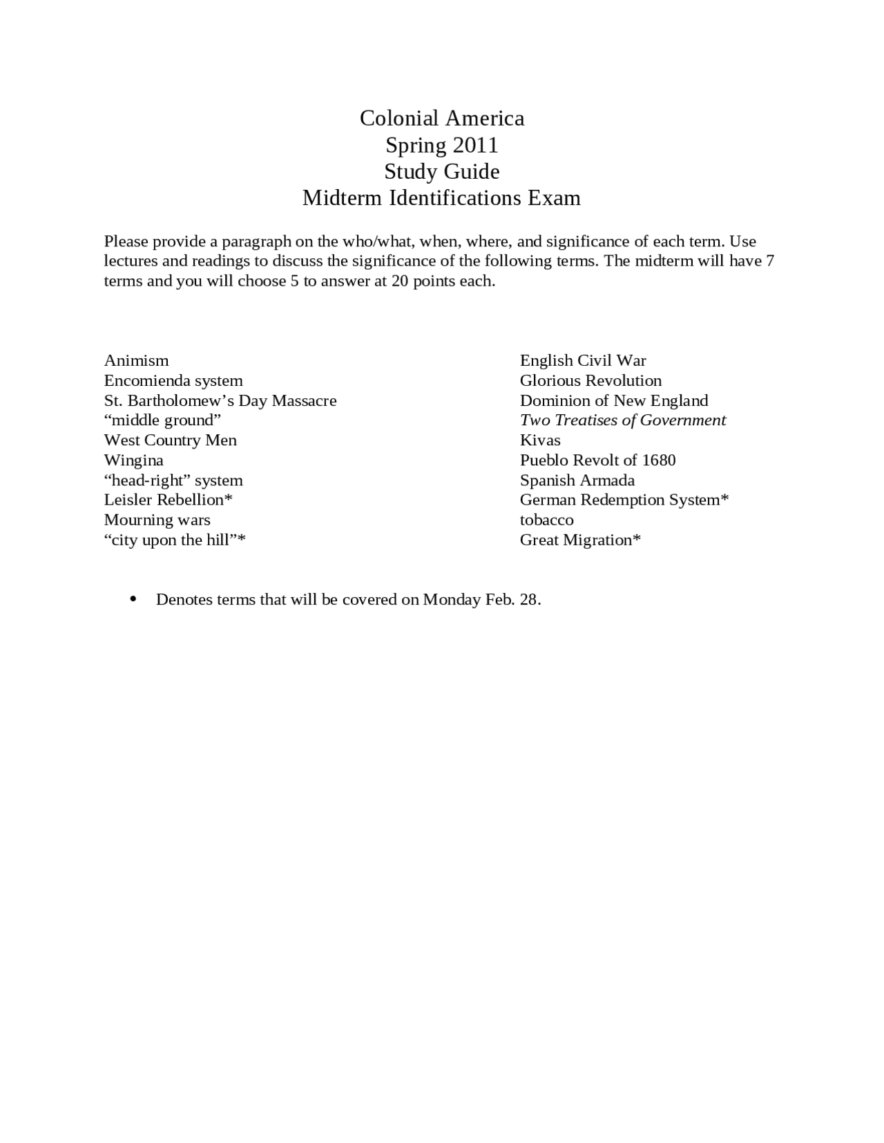 Midterm Identification Exam - Colonial America: Native American, Slaves ...