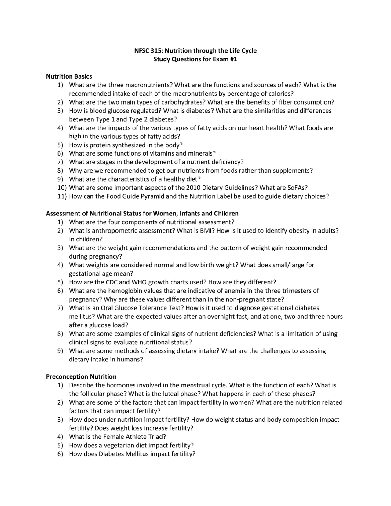 Study Guide for Exam - Nutrition Through the Life Cycle | NFSC 315 ...