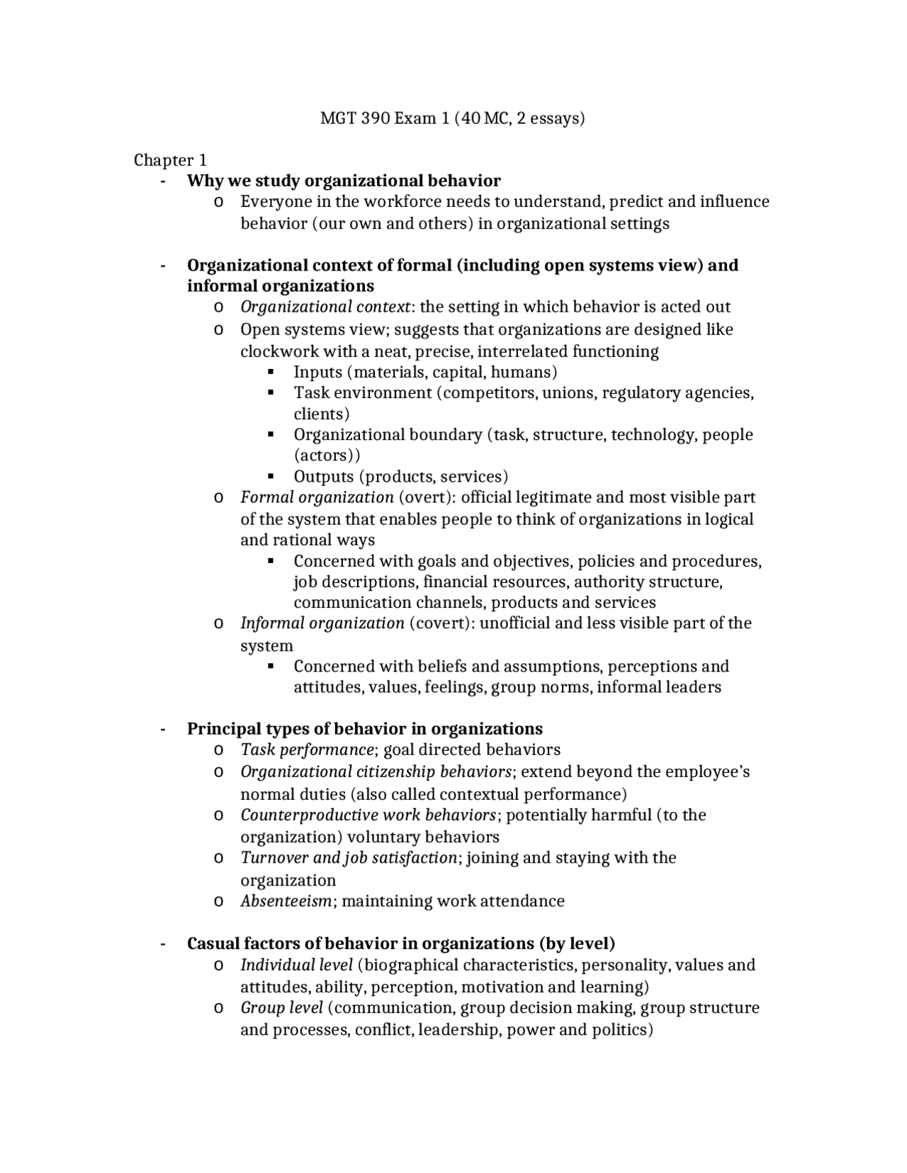 Organizational Behavior - Exam 1 Study Guide | MGT 390 - Docsity