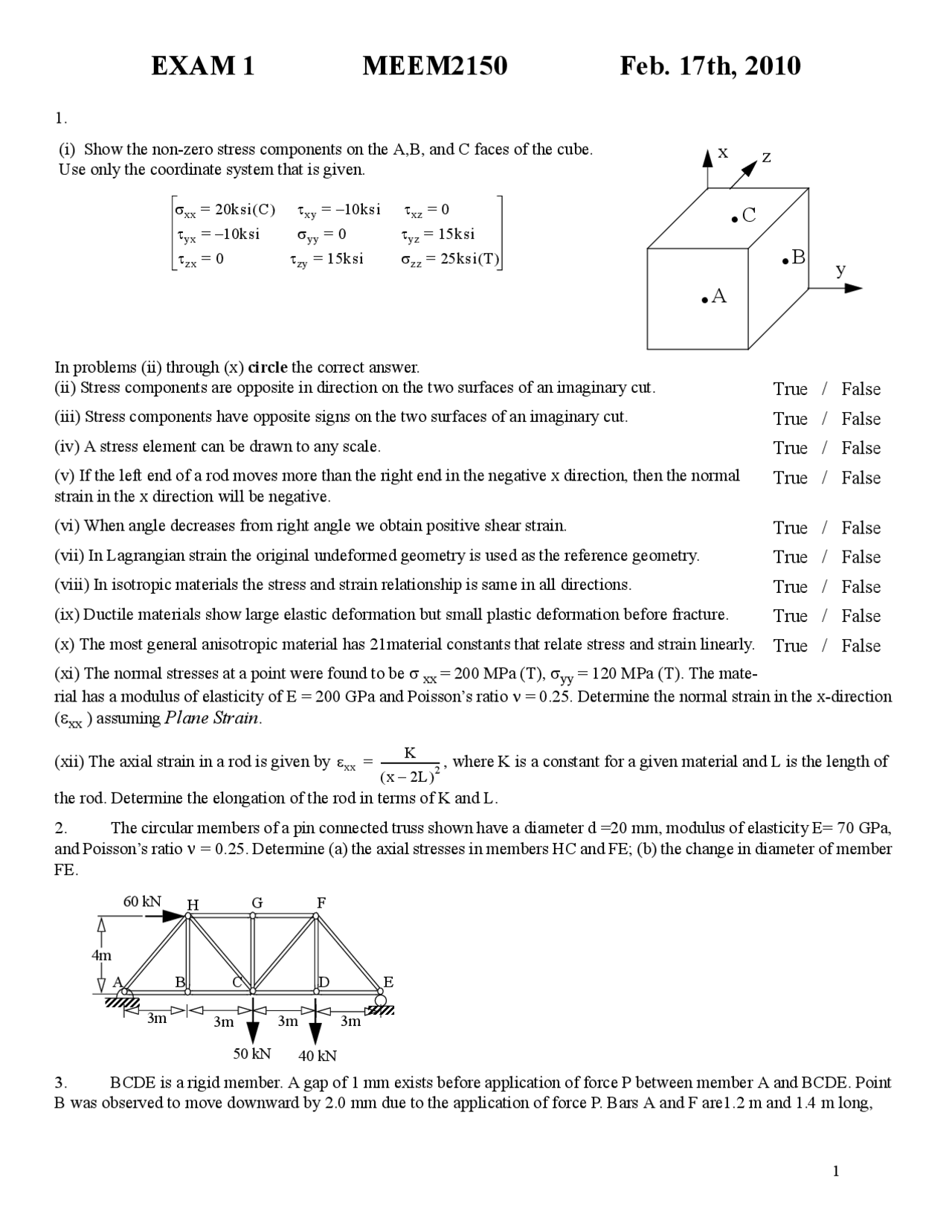 3 Questions with Answers in Exam 1- Mechanics of Materials | C E 215 ...