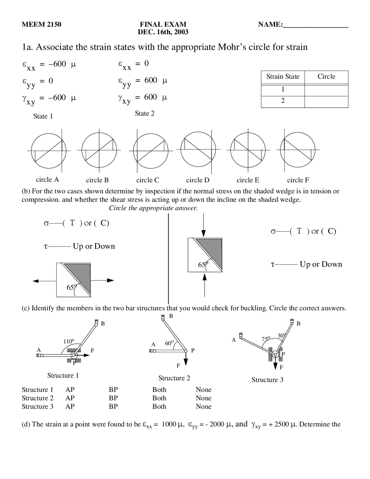 Mechanics of Materials - Final Examination | C E 215 - Docsity
