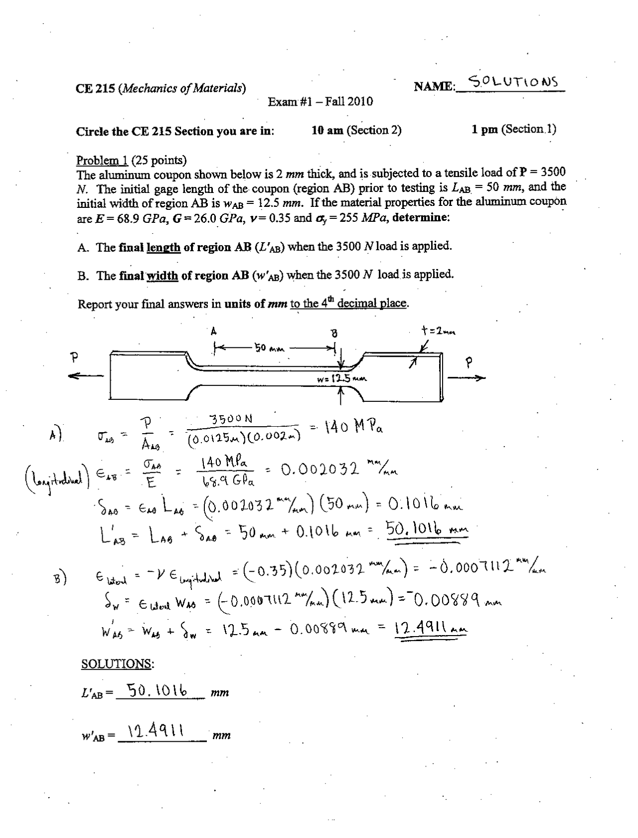 Old Exam with Solution Manual | Mechanics of Materials | C E 215 ...