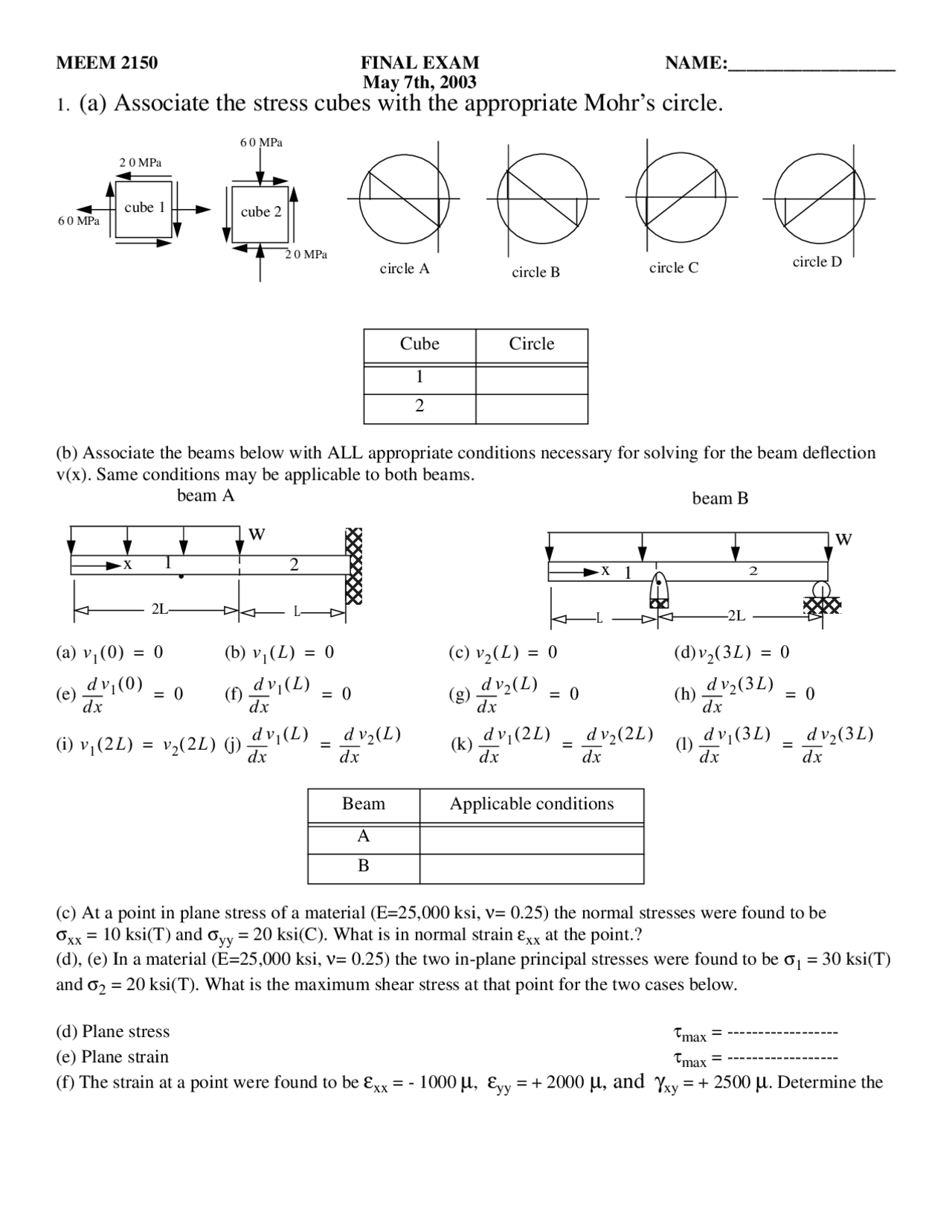 4 Questions on Mechanics of Materials - Final Exam | C E 215 - Docsity