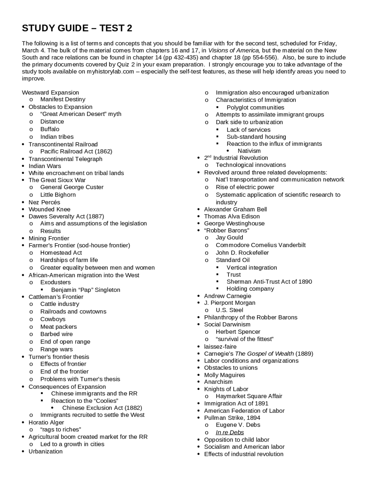 Study Guide, Test 2 - United States History II since 1865 | HIST 2112 ...