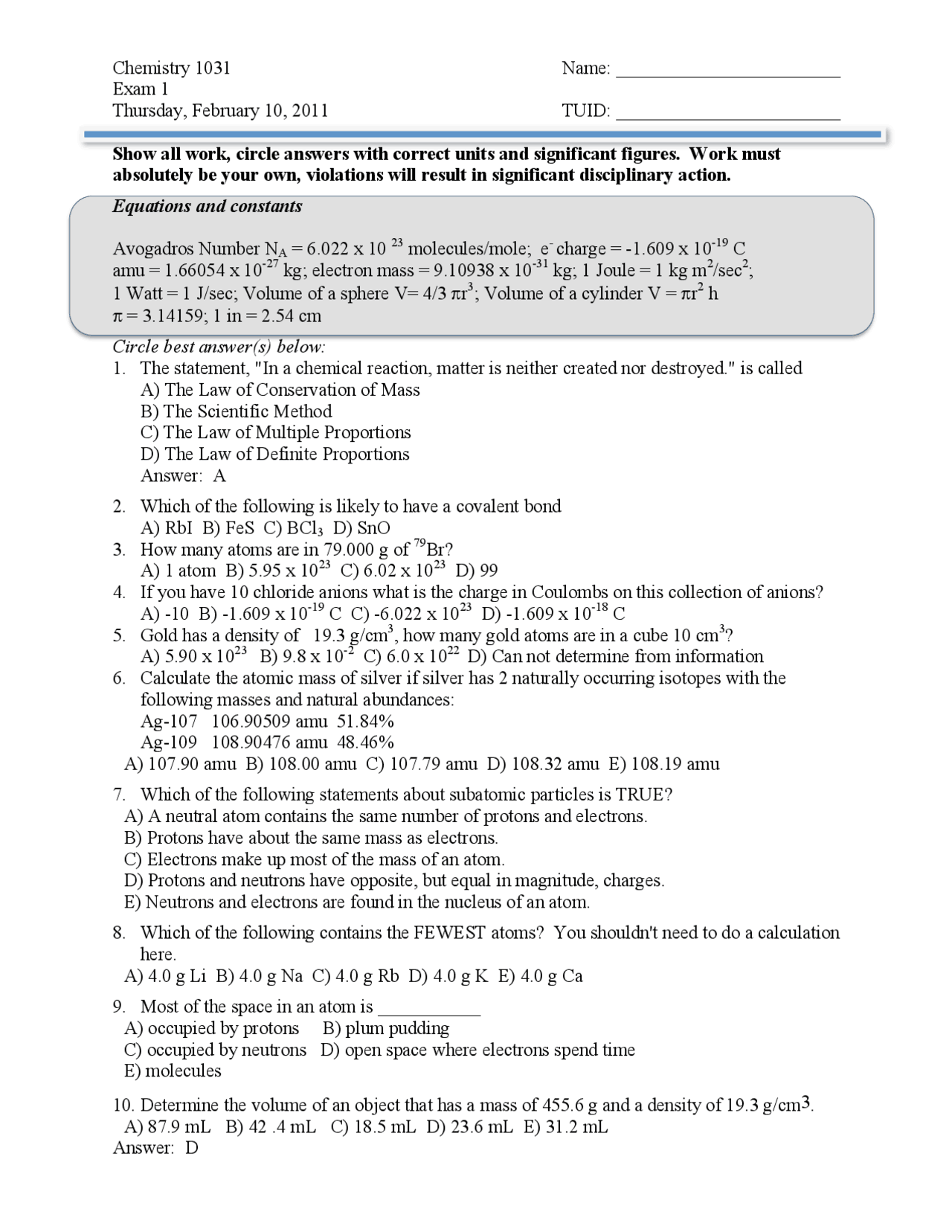 Solutions for Exam 1 - General Chemistry I | CHEM 1031 - Docsity