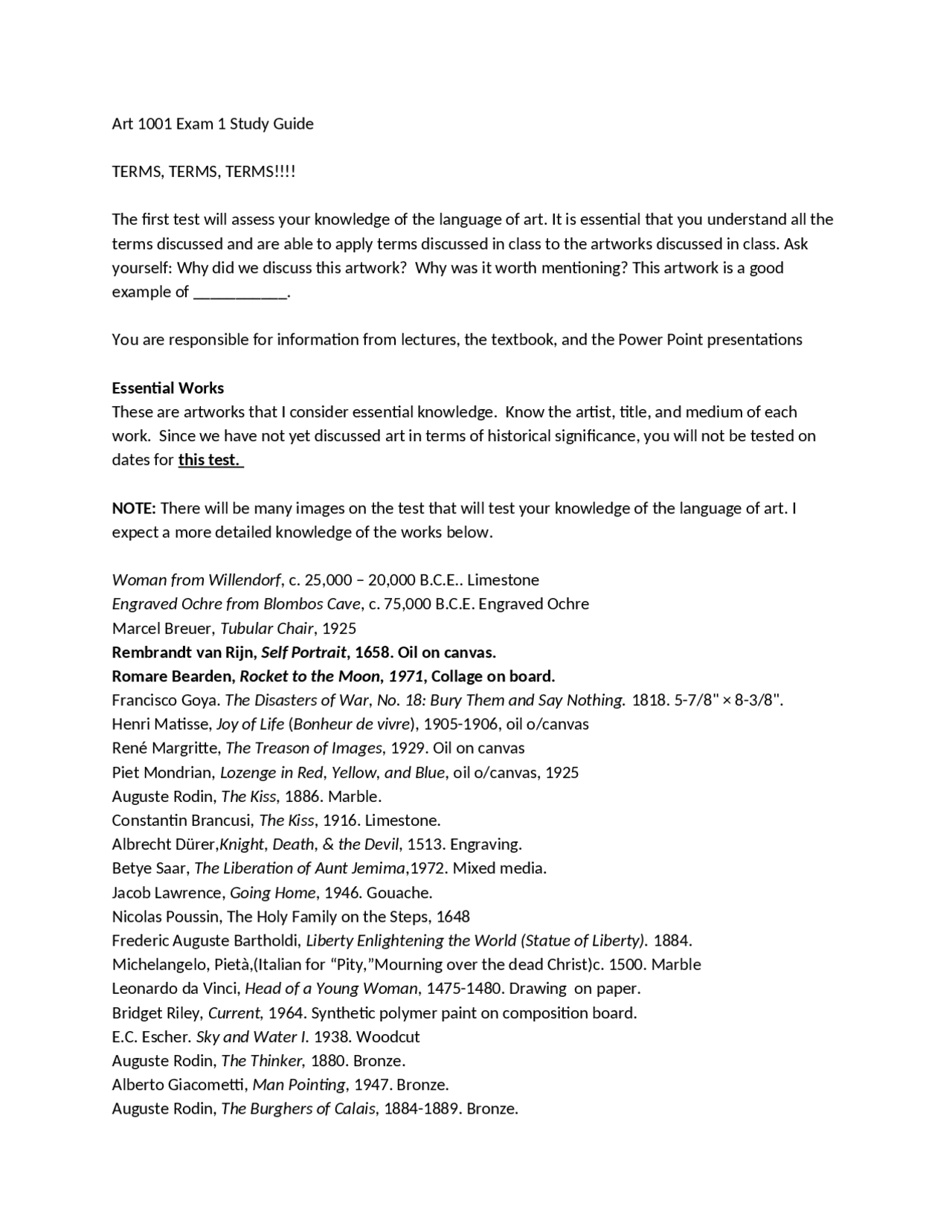 Exam 1 Study Guide | Introduction to Fine Arts | ART 1001 - Docsity