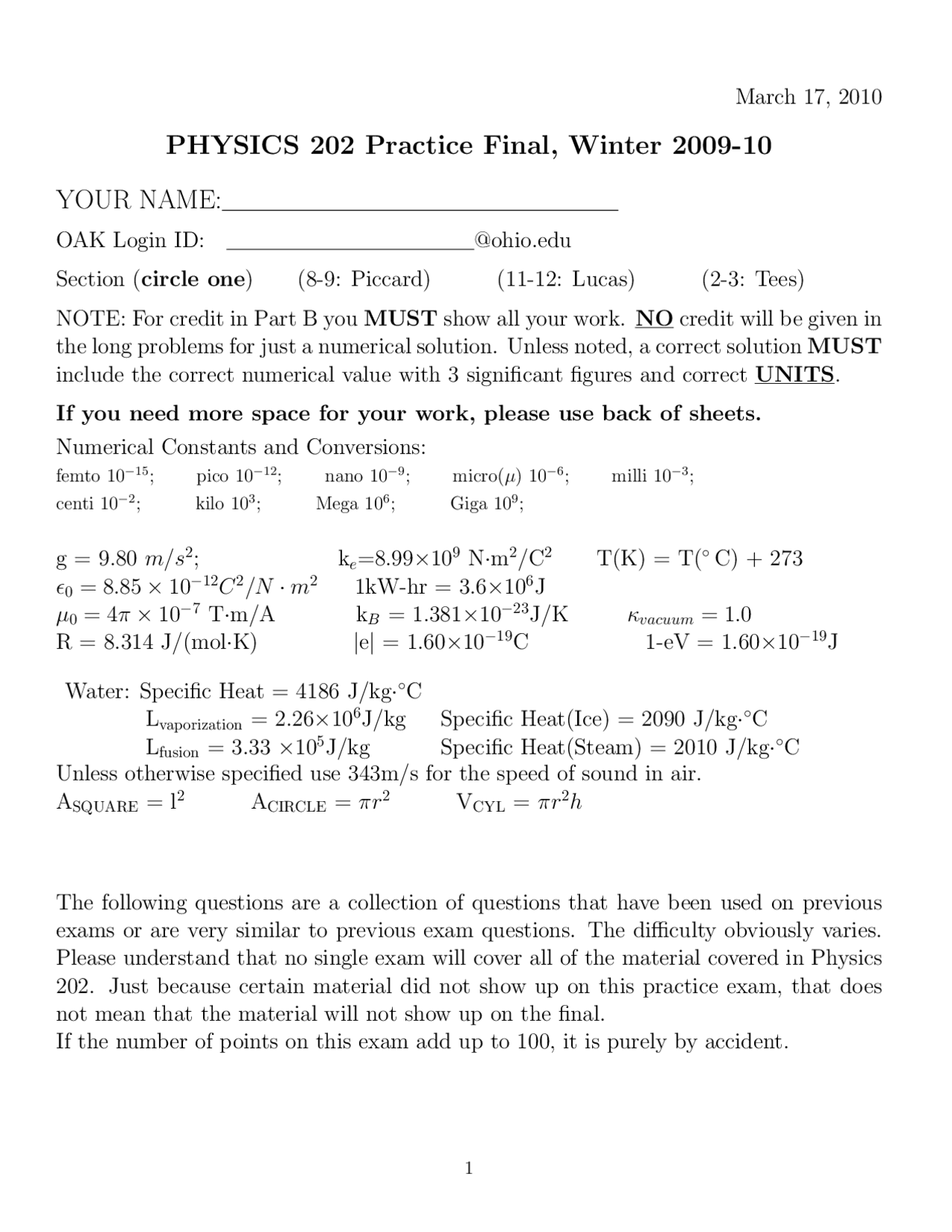 Physics Lab Question Example General Physics Laboratory - Practice Final Questions | PHYS 202 - Docsity