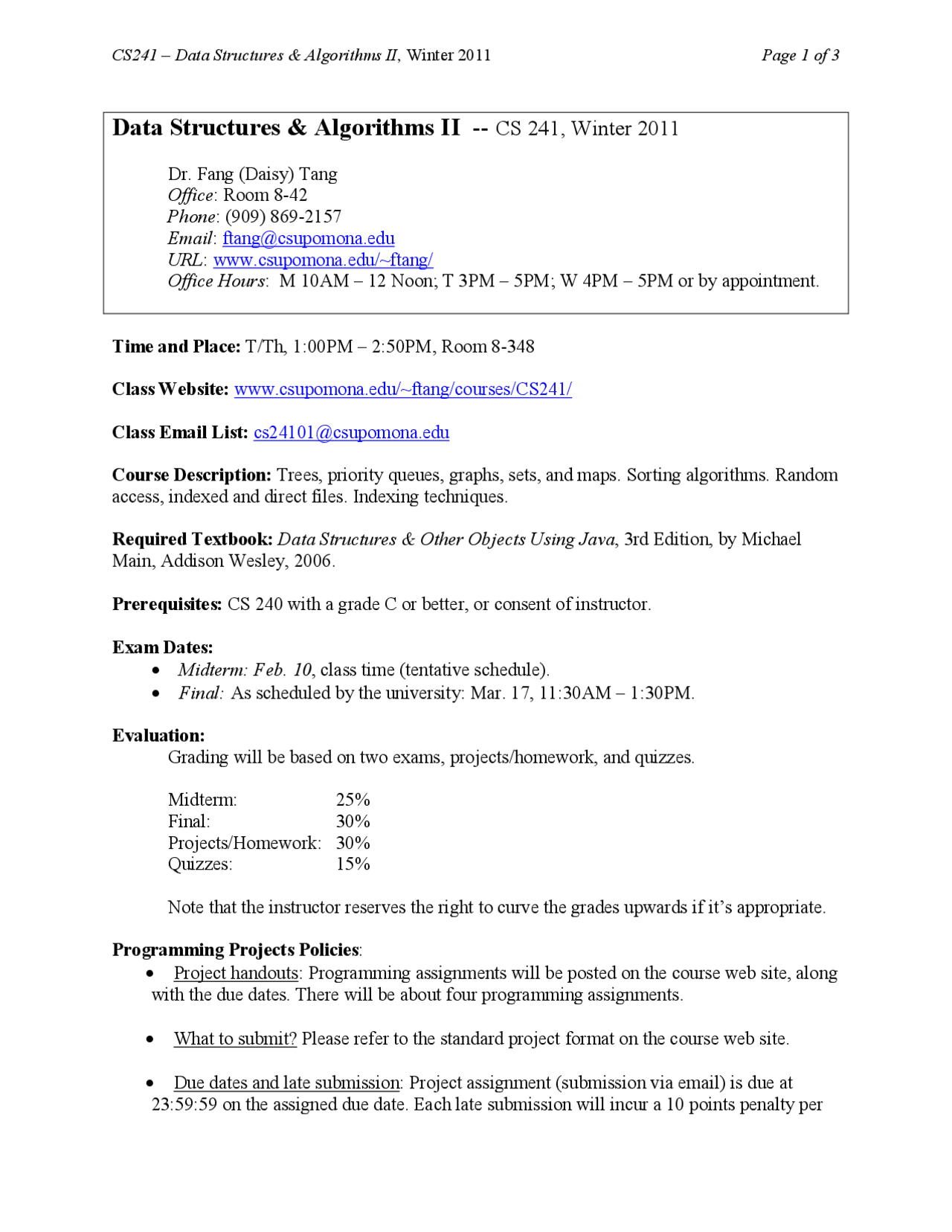 Syllabus for Data Structures and Algorithms II | CS 241 - Docsity