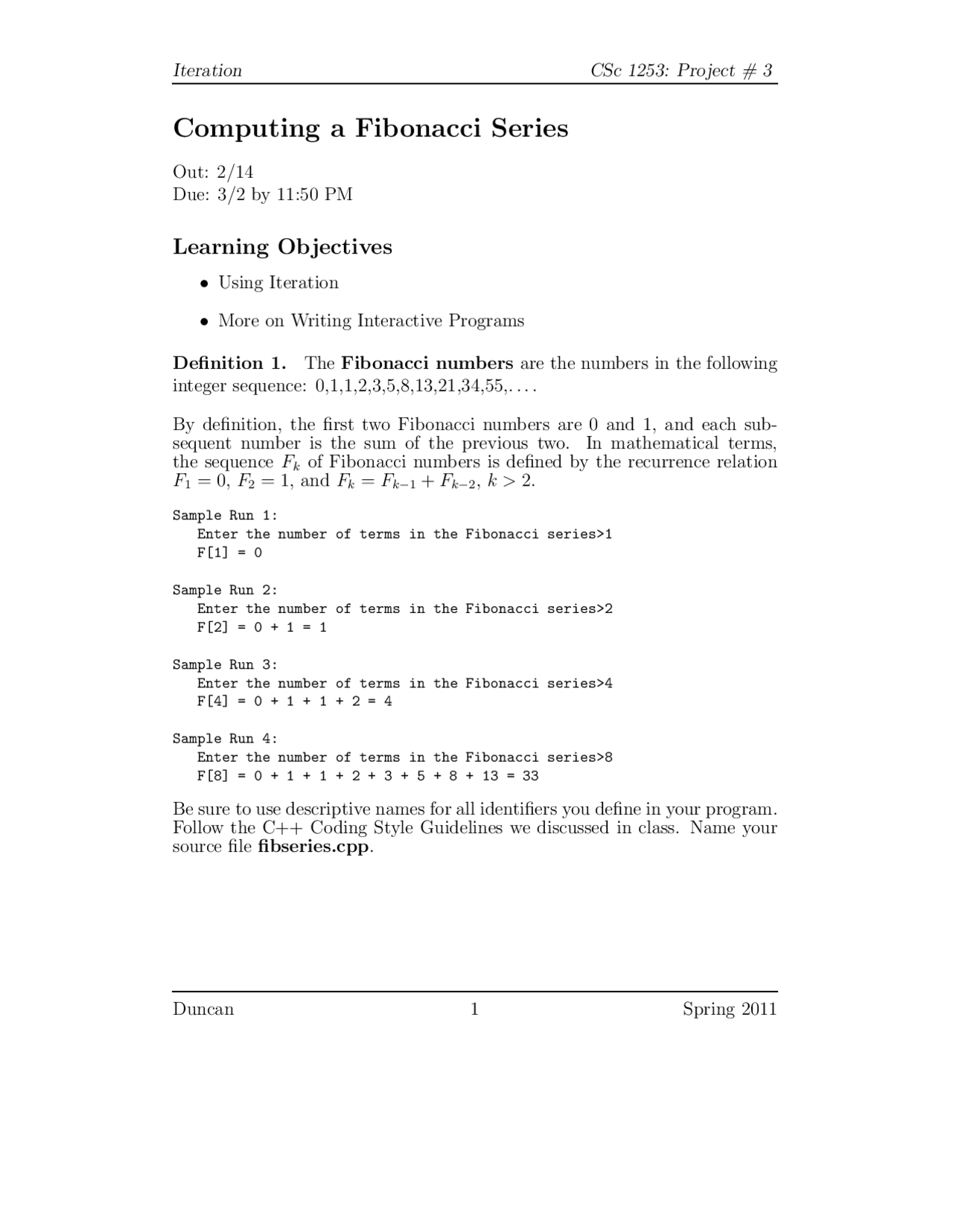 Creating the Fibonacci Sequence Programming Project | CSC 1253 | Study ...