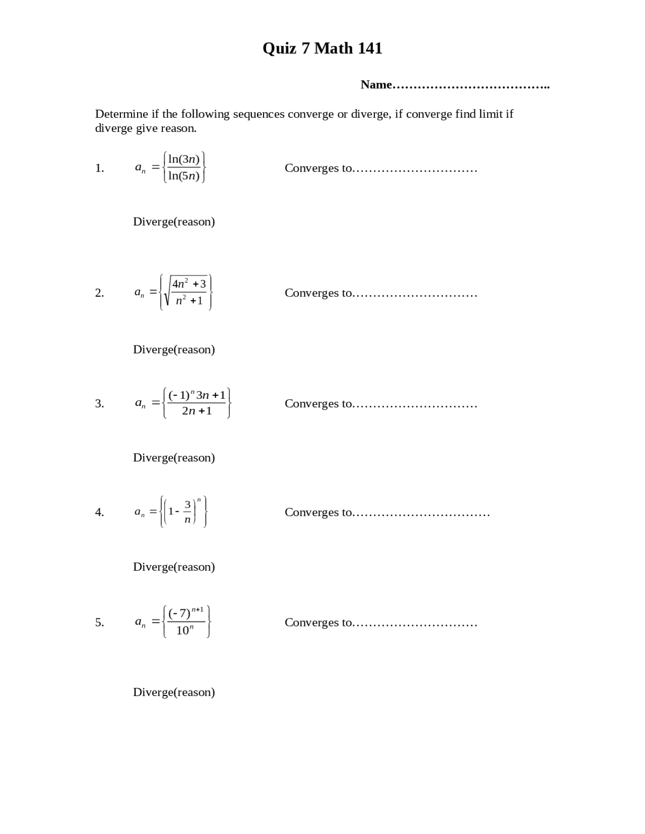 Quiz 7 - Determine Sequence, Divergent and Convergent - Calculus | MATH ...