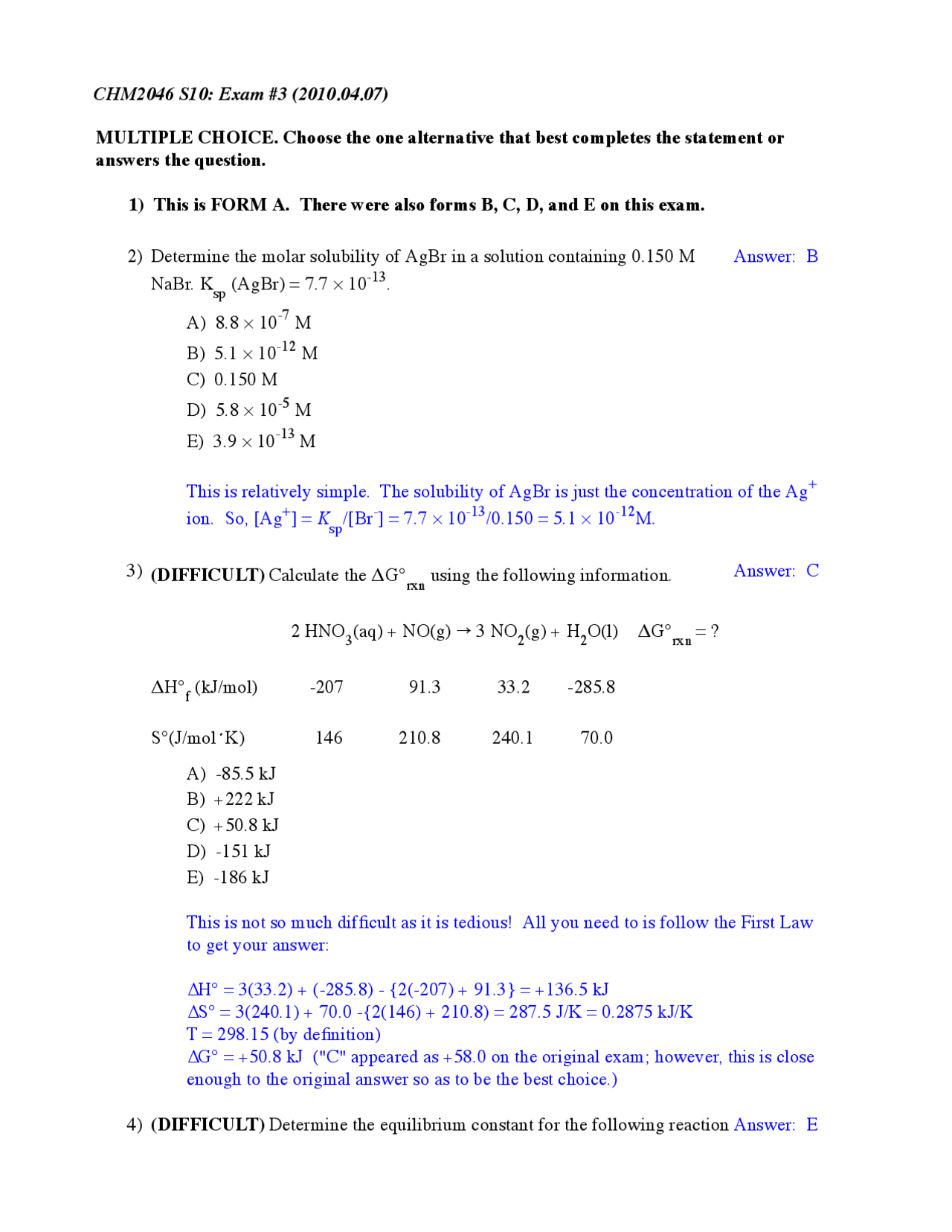 General Chemistry II - Exam 3 with Solutions | CHM 2046 - Docsity