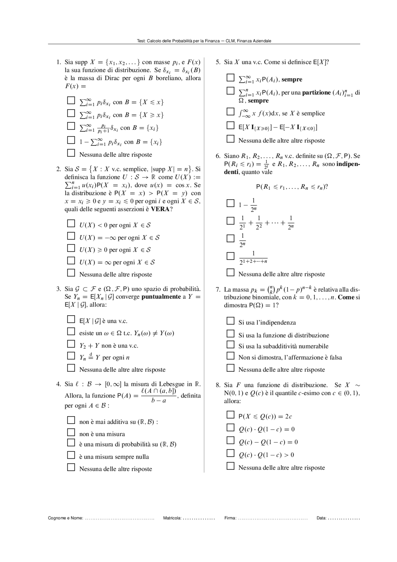 Calcolo Delle Probabilita Per La Finanza Prof Rossello 24 Genn 2011 Docsity