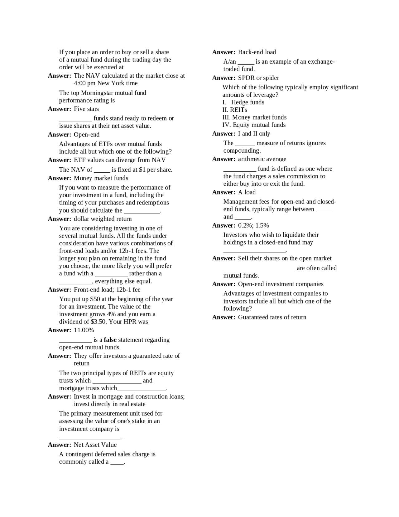 Questions on Investment Principles with Answers Quiz FINA 363X