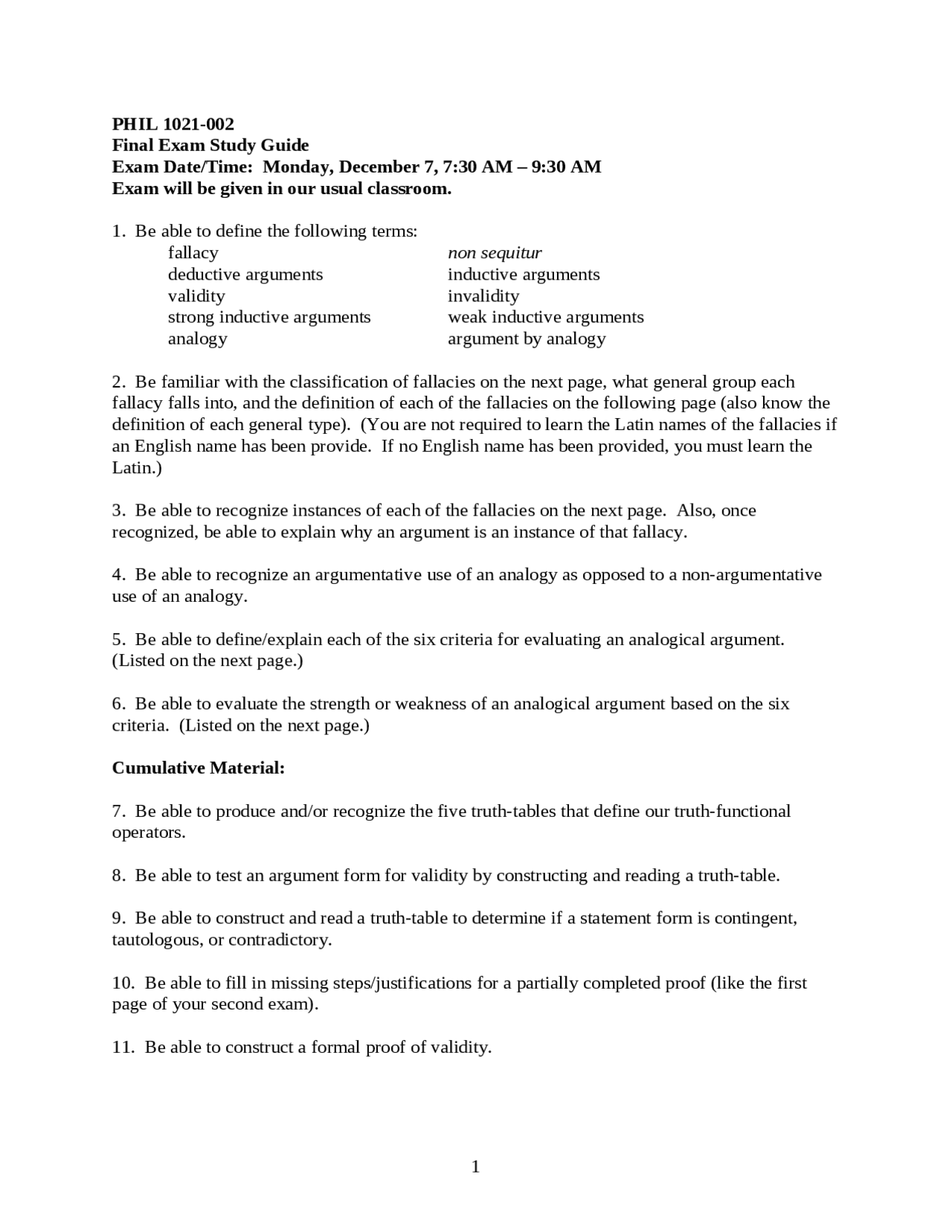 Final Exam Study Guide | Introduction to Philosophy: Elementary Logic ...