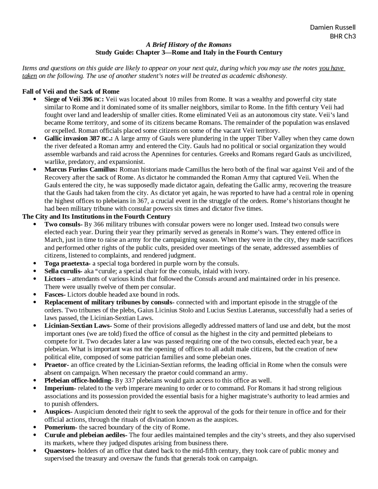 A Brief History of the Romans - Study Guide | HIS 210 - Docsity