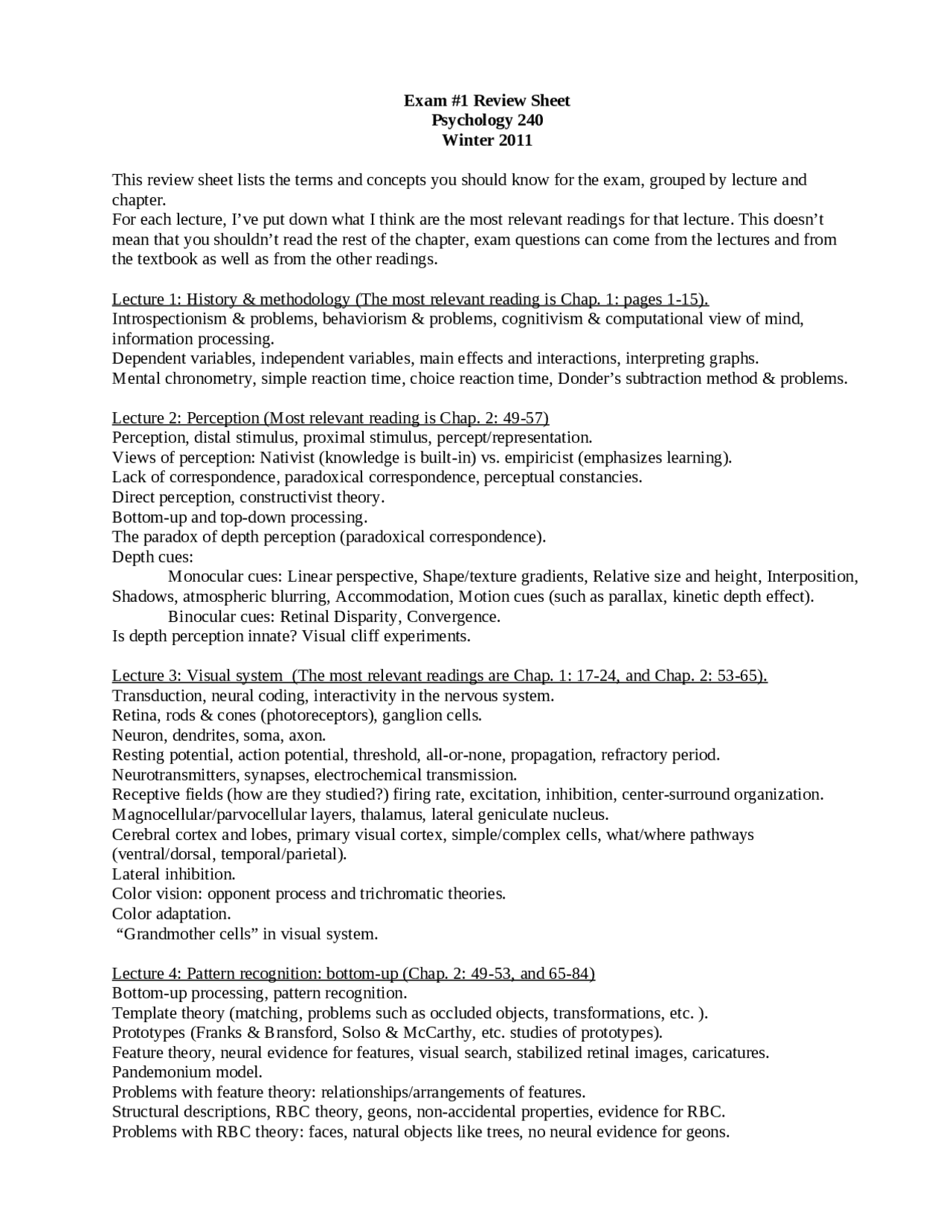 Exam 1 Review Sheet - Introduction to Cognitive Psychology | PSYCH 240 ...