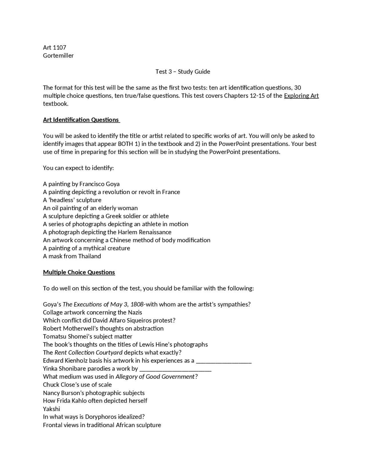 Test 3 Study Guide - The Arts in Society Visual Art | ART 1107 - Docsity