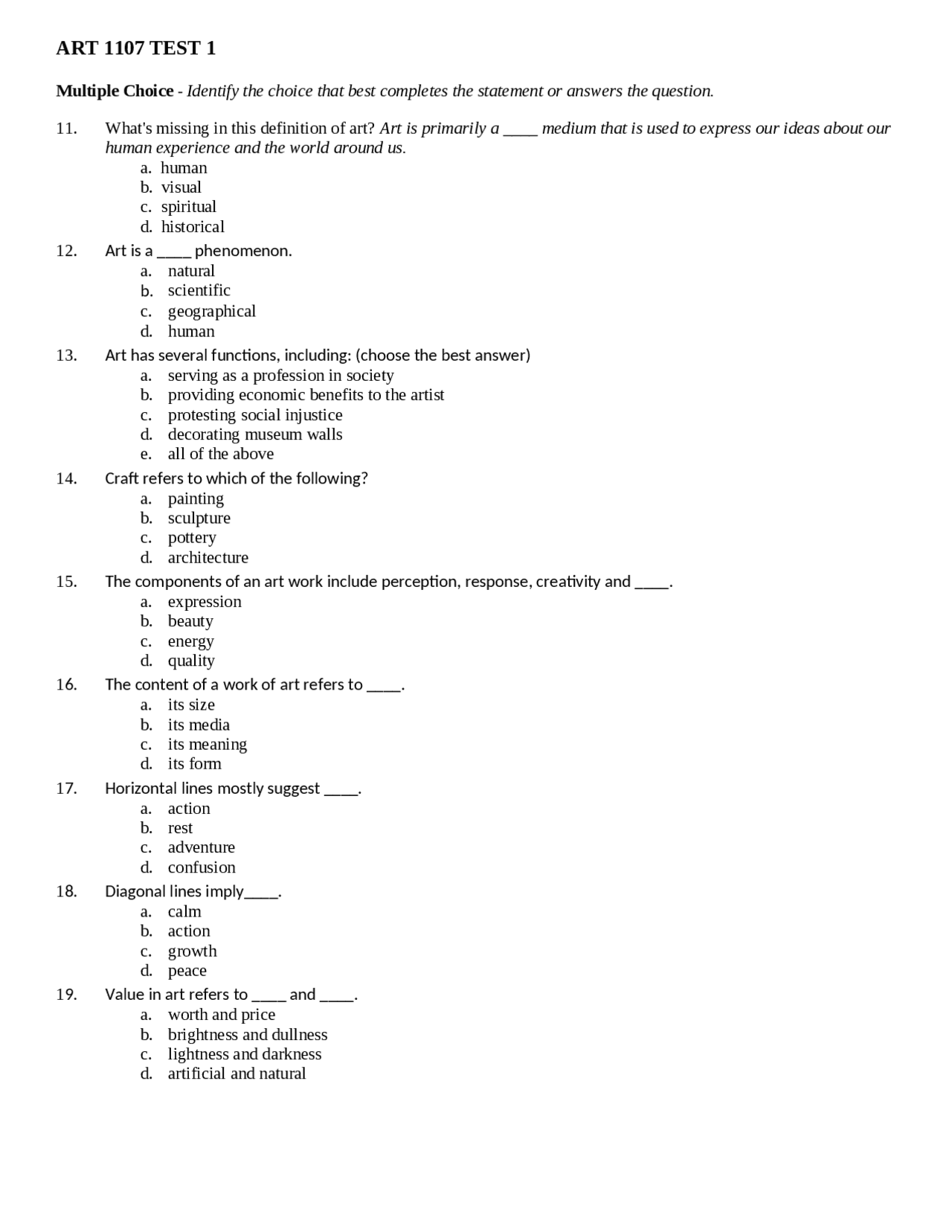 Multiple-choice exam on Art and its meaning | ART 1107 - Docsity