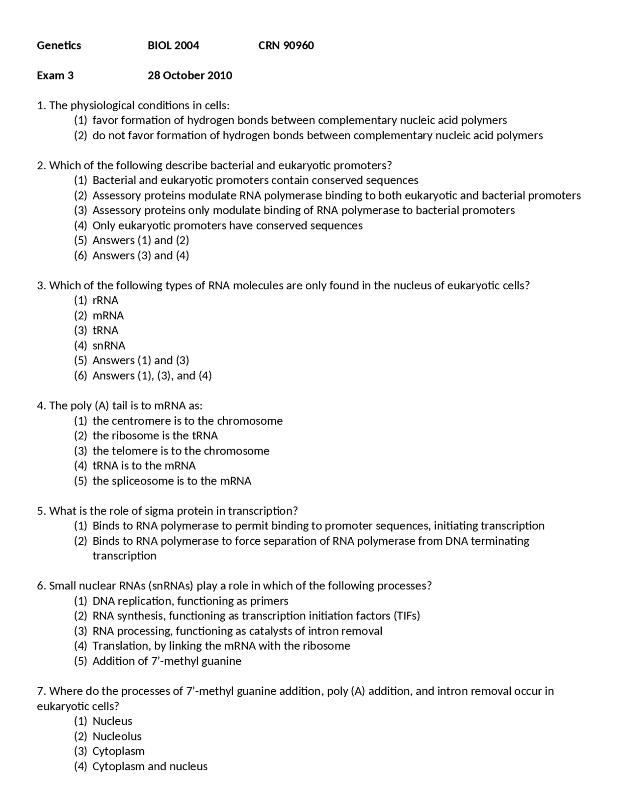 Solutions to Exam 1 for Genetics | BIOL 2004 - Docsity