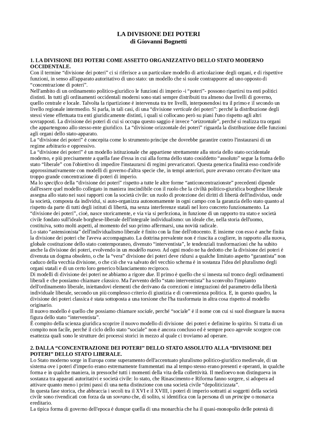 La Divsione Dei Poteri Bognetti Docsity La Divsione Dei Poteri Bognetti Docsity
